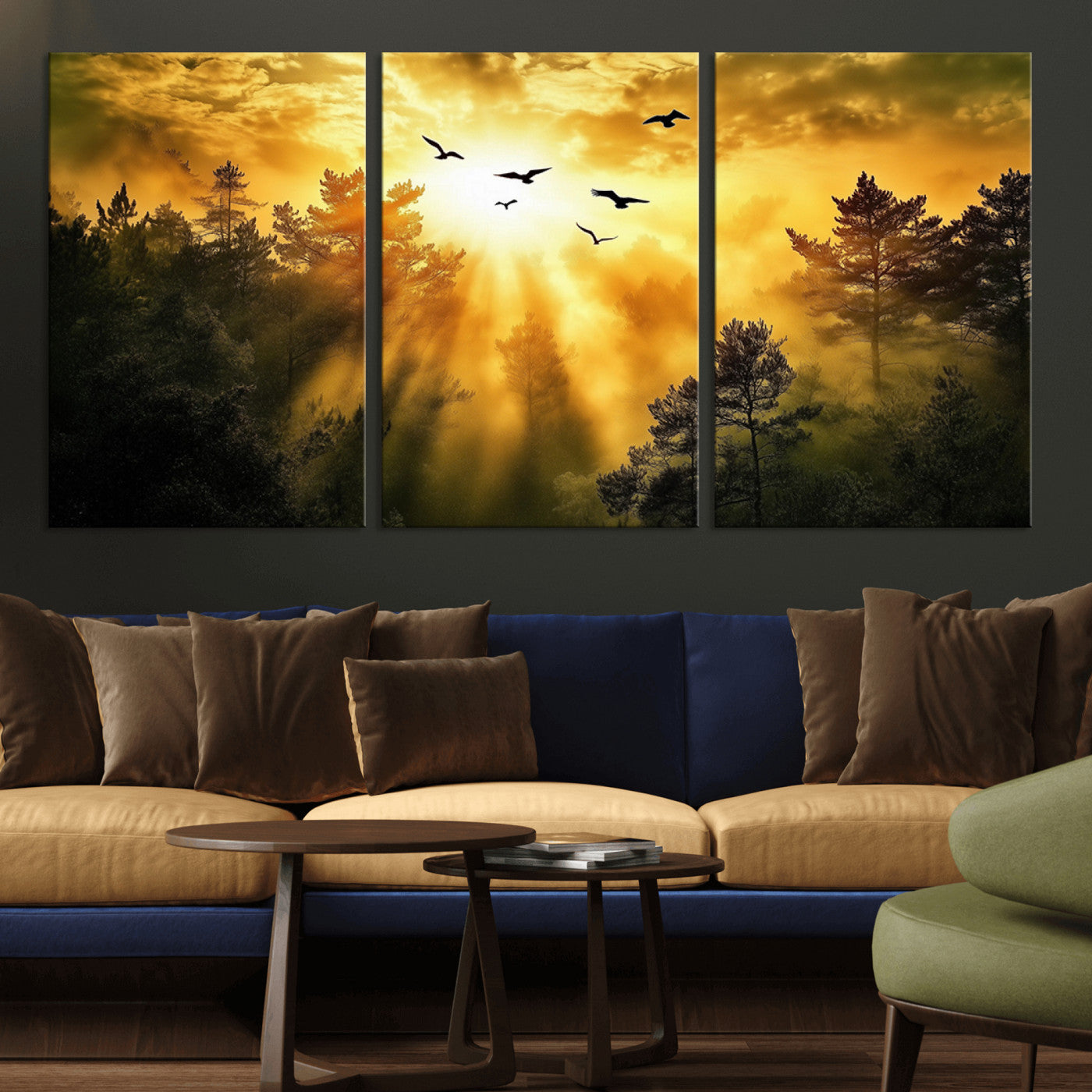 13776802-MGV-CV-36X24-Golden Forest Wall Art Canvas Print, Framed Sunset Pines Art Picture Print, Flying Birds Perfect Nature Glow Decor Artwork