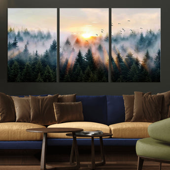 56391411-MGV-CV-36X24-Misty Forest Wall Art Canvas Print, Framed Sunrise Pines Art Picture Print, Moody Pines Perfect Serene Woodland Decor Artwork