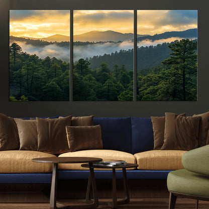 68082278-MGV-CV-36X24-Mountain Sunrise Wall Art Canvas Print, Framed Pine Forest Art Picture Print, Misty Mountains Perfect Earthy Woodland Decor