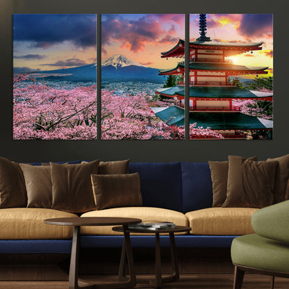 32331262-MGV-CV-36X24-Mount Fuji Japan Wall Art – Cherry Blossom Landscape Canvas Print, Chureito Pagoda Sunset Photography, Japanese Nature Travel