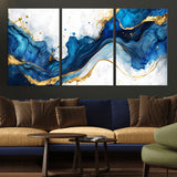 33506371-MGV-CV-36X24-Blue Marble Wall Art Canvas Print, Framed Gold Splash Art Picture Print, Abstract Wave Perfect Modern Luxe Decor Artwork