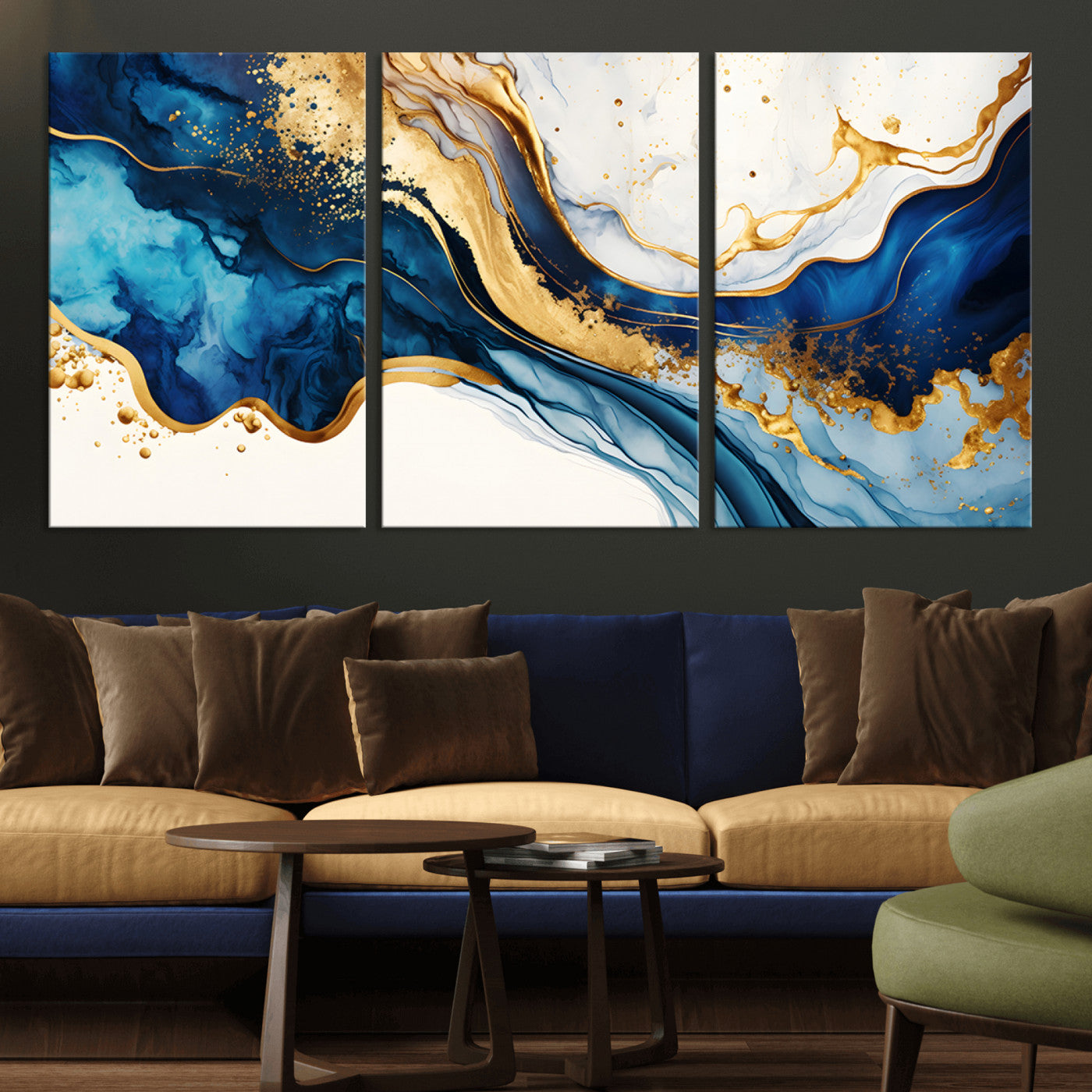 60283636-MGV-CV-36X24-Blue Gold Flow Wall Art Canvas Print, Framed Marble Texture Art Picture Print, Elegant Splash Perfect Elegant Abstract Decor