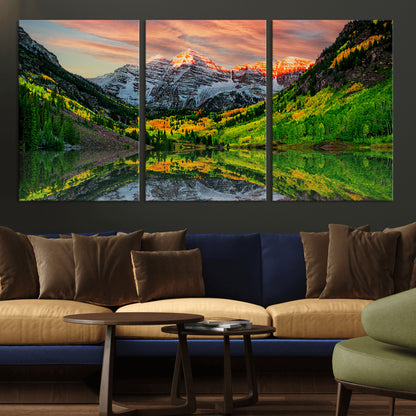 59533484-MGV-CV-36X24-Maroon Bells Autumn Wall Art – Panoramic Mountain Landscape Canvas Print, Sunset Reflection Nature Artwork for Living Room, Office