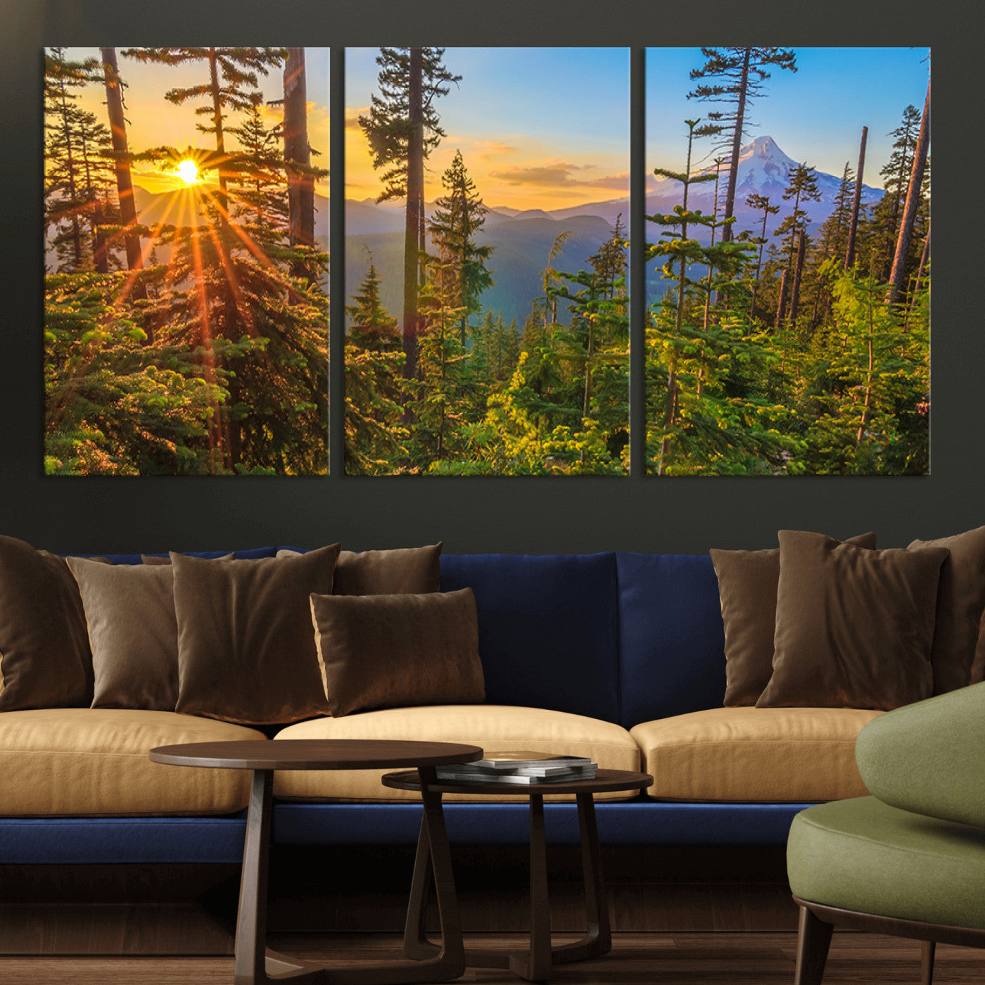 83544043-MGV-CV-36X24-Forest Sunset Wall Art Canvas Print, Framed Sunset Trees Art Picture Print, Green Pines Perfect Rustic Nature Decor Artwork