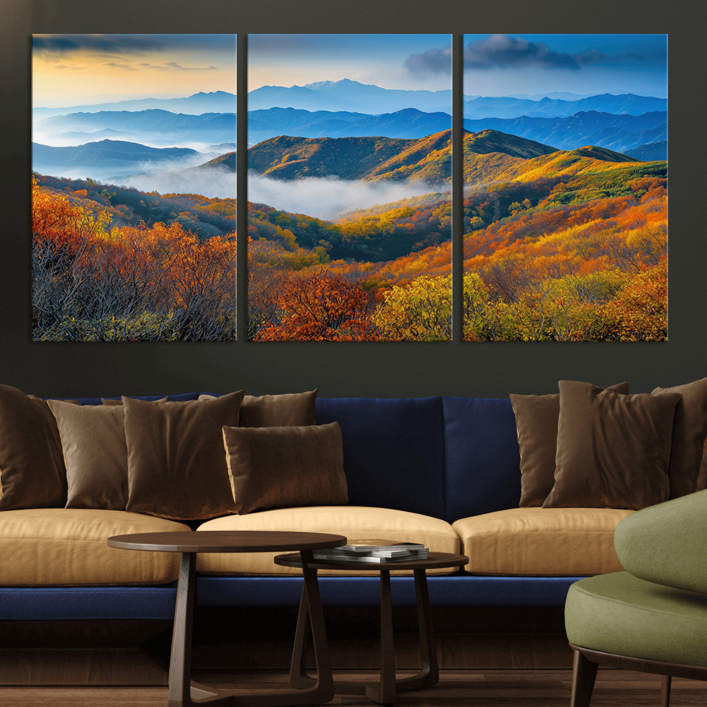 86772247-MGV-CV-60X30-3P-Autumn Mountains Wall Art Canvas Print, Framed Fall Foliage Art Picture Print, Vibrant Hills Perfect Vibrant Nature Decor Artwork