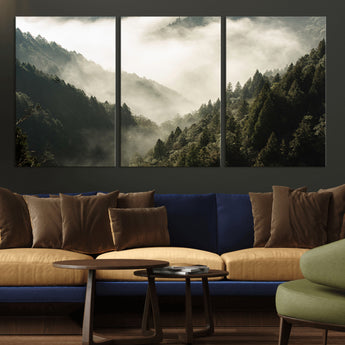 57570237-MGV-CV-36X24-Misty Valley Wall Art Canvas Print, Framed Foggy Forest Art Picture Print, Pine Trees Perfect Moody Woodland Decor Artwork