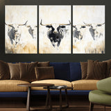 40397799-MGV-CV-60X30-3P-Texas Longhorn Wall Art Canvas Print, Framed Rustic Herd Art Picture Print, Western Bull Perfect Neutral Western Decor Artwork