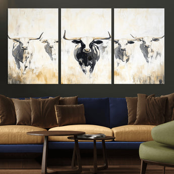 40397799-MGV-CV-60X30-3P-Texas Longhorn Wall Art Canvas Print, Framed Rustic Herd Art Picture Print, Western Bull Perfect Neutral Western Decor Artwork