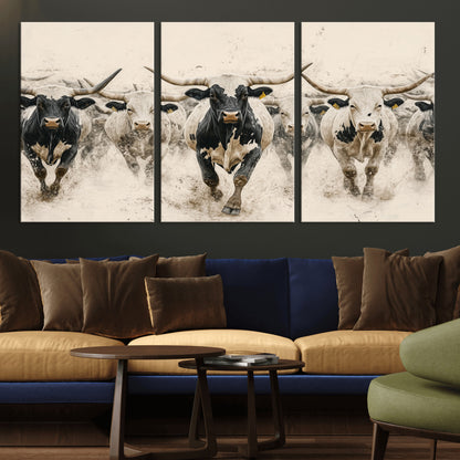 61538944-MGV-CV-36X24-Texas Longhorn Wall Art Canvas Print, Framed Cattles Walking Art Picture Print, Black White Bulls Perfect Rustic Western Decor