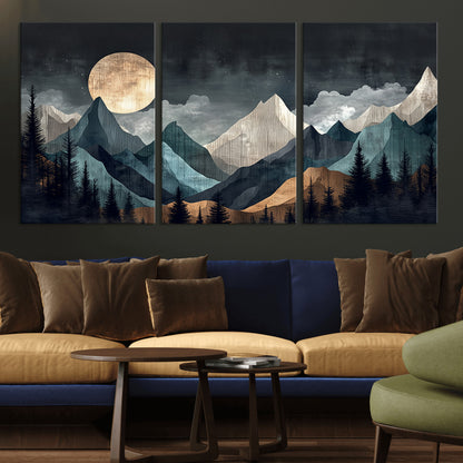 11060882-MGV-CV-36X24-Moonlit Mountains Wall Art Canvas Print, Framed Forest Silhouette Art Picture Print, Night Landscape Perfect Modern Forest Decor