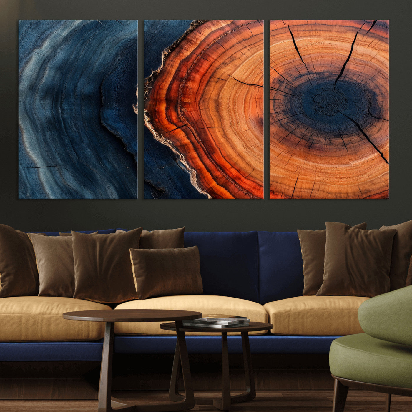 57732250-MGV-CV-36X24-Tree Ring Abstract Wall Art – Blue Orange Wood Grain Canvas Print, Modern Rustic Nature Artwork for Living Room, Office,