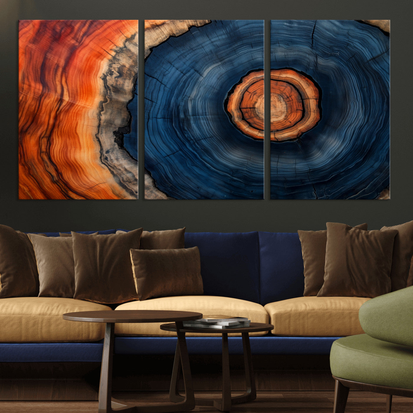 72209152-MGV-CV-36X24-Abstract Tree Ring Wall Art – Vibrant Blue Orange Wood Grain Canvas Print, Rustic Modern Nature Artwork for Living Room, Office,