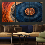 72209152-MGV-CV-36X24-Abstract Tree Ring Wall Art – Vibrant Blue Orange Wood Grain Canvas Print, Rustic Modern Nature Artwork for Living Room, Office,