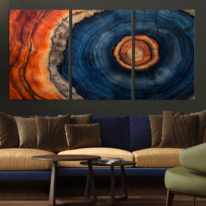 72209152-MGV-CV-36X24-Abstract Tree Ring Wall Art – Vibrant Blue Orange Wood Grain Canvas Print, Rustic Modern Nature Artwork for Living Room, Office,
