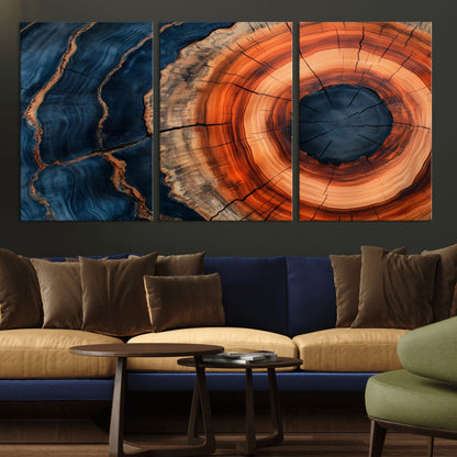 41123192-MGV-CV-36X24-Tree Ring Canvas Wall Art – Abstract Blue Orange Wood Grain Print, Rustic Modern Nature Artwork for Living Room, Bedroom, Office