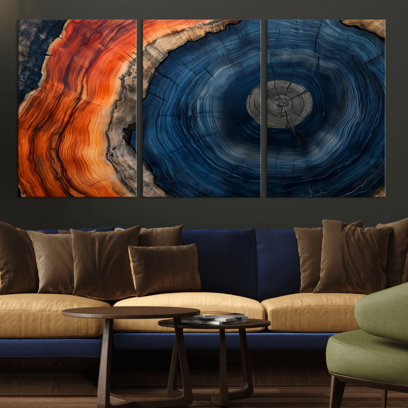 99491700-MGV-CV-36X24-Tree Ring Canvas Wall Art – Blue Orange Abstract Wood Grain Print, Rustic Modern Nature Artwork for Living Room, Office, Bedroom