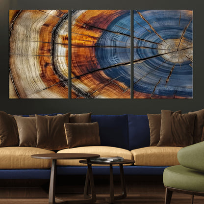 18032999-MGV-CV-36X24-Tree Ring Wall Art – Blue Brown Abstract Wood Slice Canvas Print, Rustic Modern Nature Decor for Living Room, Office, Bedroom or