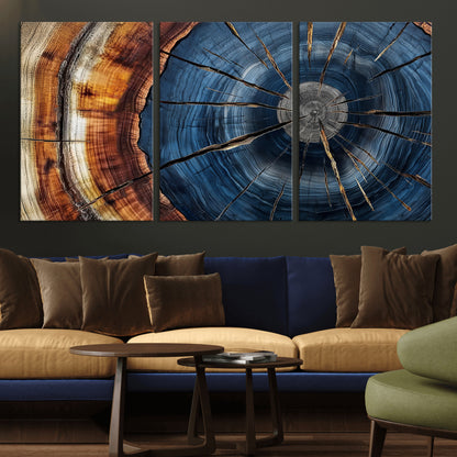 45268471-MGV-CV-36X24-Blue Tree Ring Wall Art – Rustic Wood Cross Section Canvas Print, Modern Abstract Nature Decor for Living Room, Office, or Cabin