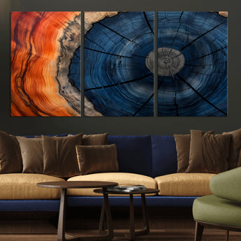 26110607-MGV-CV-36X24-Blue and Orange Tree Ring Wall Art – Abstract Wood Cross Section Canvas Print, Modern Rustic Nature Decor for Living Room, Office,