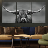 81228550-MGV-CV-36X24-Framed Texas Longhorn Bull Art Canvas Print, Western Bull Wall Art Print, Long Horn Bull Photo Print for Log Cabin, Large Bull