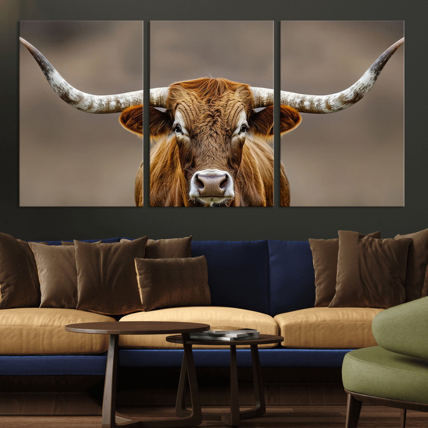 12179171-MGV-CV-36X24-Texas Longhorn Wall Art Canvas Print, Framed Brown Bull Art Picture Print, Lone Cattle Perfect Rustic Western Decor Artwork