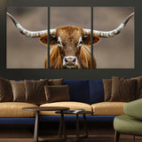 12179171-MGV-CV-36X24-Texas Longhorn Wall Art Canvas Print, Framed Brown Bull Art Picture Print, Lone Cattle Perfect Rustic Western Decor Artwork