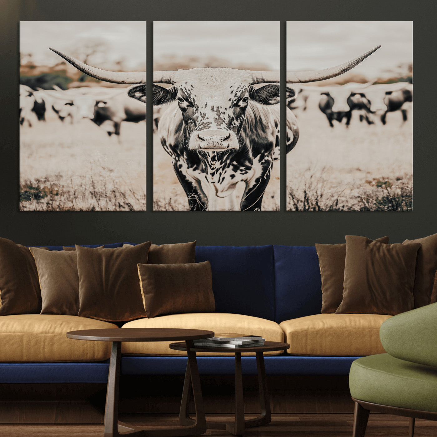27497342-MGV-CV-36X24-Texas Longhorn Wall Art Canvas Print, Framed Speckled Cow Art Picture Print, Horned Cattle Perfect Rustic Western Decor Artwork