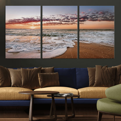 39846389-MGV-CV-36X24-Ocean Sunset Wall Art Canvas Print, Framed Sandy Shore Art Picture Print, Gentle Waves Perfect Minimalist Coastal Decor Artwork