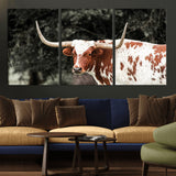 54027638-MGV-CV-36X24-Texas Longhorn Wall Art Canvas Print, Framed Spotted Cow Art Picture Print, Horned Bull Perfect Rustic Western Decor Artwork