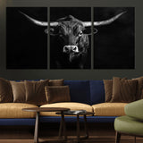 42077175-MGV-CV-36X24-Texas Longhorn Wall Art Canvas Print, Framed Monochrome Bull Art Picture Print, Horned Bull Perfect Rustic Western Decor Artwork