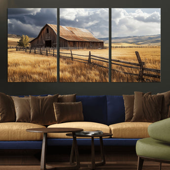 38758826-MGV-CV-36X24-Rustic Barn Wall Art Canvas Print, Framed Moody Barn Art Picture Print, Golden Field Perfect Rustic Farmhouse Decor Artwork