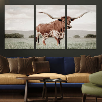 28309012-MGV-CV-36X24-Texas Longhorn Wall Art Canvas Print, Framed Spotted Cattle Art Picture Print, Horned Bull Perfect Rustic Western Decor Artwork