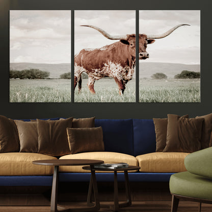 28309012-MGV-CV-36X24-Texas Longhorn Wall Art Canvas Print, Framed Spotted Cattle Art Picture Print, Horned Bull Perfect Rustic Western Decor Artwork