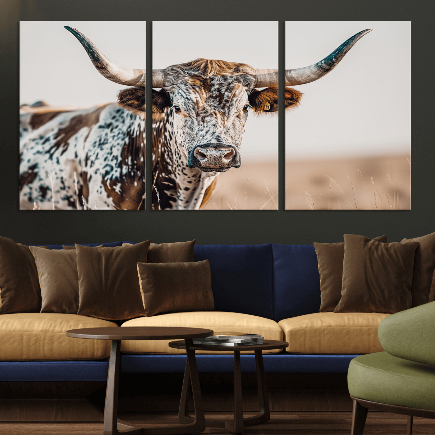 70414966-MGV-CV-36X24-Texas Longhorn Wall Art Canvas Print, Framed Speckled Cow Art Picture Print, Horned Bull Perfect Rustic Western Decor Artwork