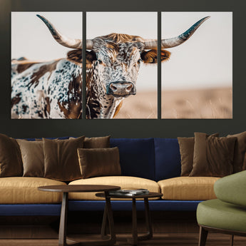 70414966-MGV-CV-36X24-Texas Longhorn Wall Art Canvas Print, Framed Speckled Cow Art Picture Print, Horned Bull Perfect Rustic Western Decor Artwork
