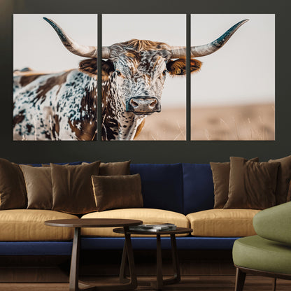 70414966-MGV-CV-36X24-Texas Longhorn Wall Art Canvas Print, Framed Speckled Cow Art Picture Print, Horned Bull Perfect Rustic Western Decor Artwork