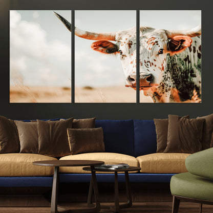 72766375-MGV-CV-36X24-Texas Longhorn Wall Art Canvas Print, Framed Spotted Cow Art Picture Print, Horned Cattle Perfect Rustic Western Decor Artwork