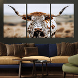 76294381-MGV-CV-36X24-Texas Longhorn Wall Art Canvas Print, Framed Spotted Cow Art Picture Print, Horned Cattle Perfect Rustic Western Decor Artwork