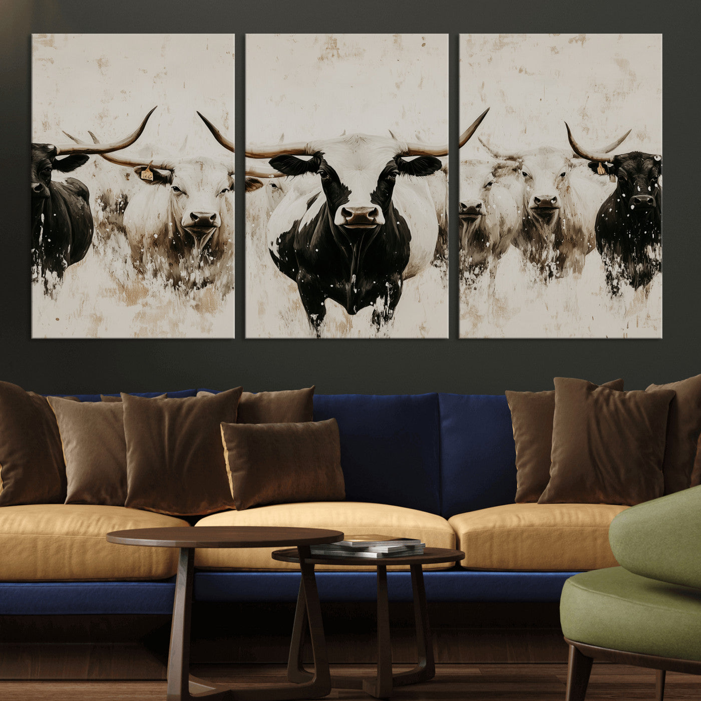 12027562-MGV-CV-36X24-Longhorn Cattle Wall Art Canvas Print, Framed Bison Herd Art Picture Print, Cattle Group Perfect Rustic Farmhouse Decor Artwork