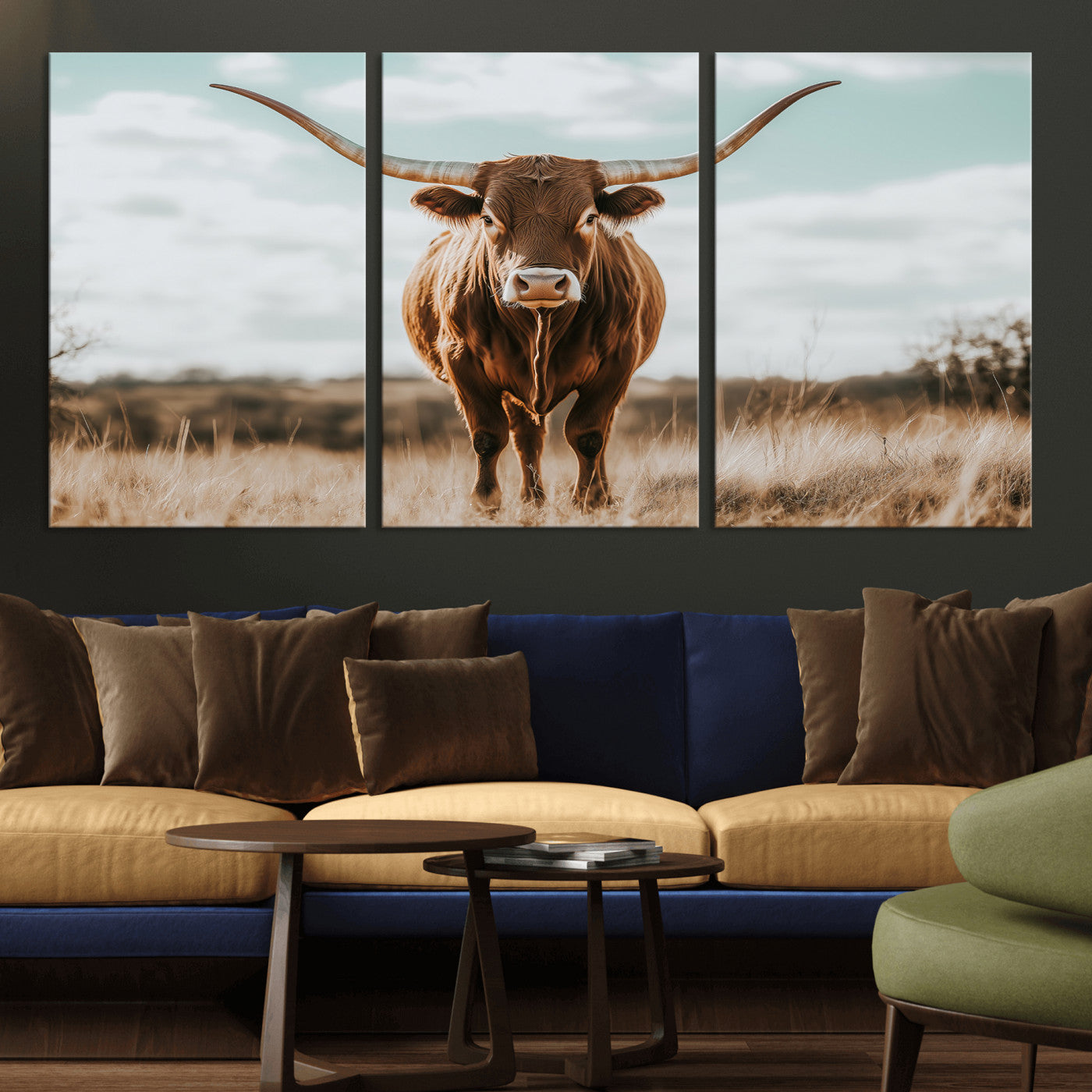 39350715-MGV-CV-36X24-Texas Longhorn Wall Art Canvas Print, Framed Longhorn Cow Art Picture Print, Western Cattle Perfect Rustic Western Decor Artwork