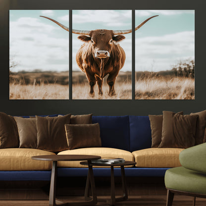 39350715-MGV-CV-36X24-Texas Longhorn Wall Art Canvas Print, Framed Longhorn Cow Art Picture Print, Western Cattle Perfect Rustic Western Decor Artwork