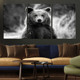 MGV-CV-60X30-3P - Grizzly Bear Wall Art Canvas Print, Framed Black White Bear Art Picture Print, Wild Bear Perfect Rustic Wildlife Decor Artwork