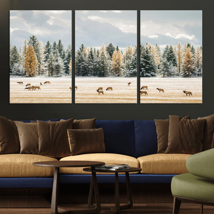 64188182-MGV-CV-36X24-Elk Herd Wall Art Canvas Print, Framed Snowy Forest Art Picture Print, Forest Elks Perfect Neutral Rustic Decor Artwork