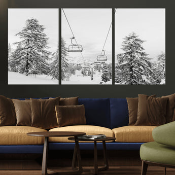 55003599-MGV-CV-36X24-Snowy Ski Lift Wall Art Canvas Print, Framed Winter Forest Art Picture Print, Ski lift Ride Perfect Winter Lodge Decor Artwork