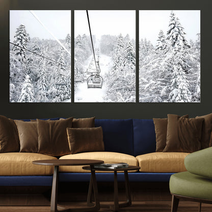 60296839-MGV-CV-36X24-Snowy Mountains Wall Art Canvas Print, Framed Ski Lift Art Picture Print, Winter Forest Perfect Winter Minimalist Decor Artwork