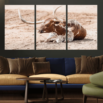 91248682-MGV-CV-36X24-Texas Longhorn Wall Art Canvas Print, Framed Resting Bull Art Picture Print, Spotted Cattle Perfect Rustic Western Decor Artwork