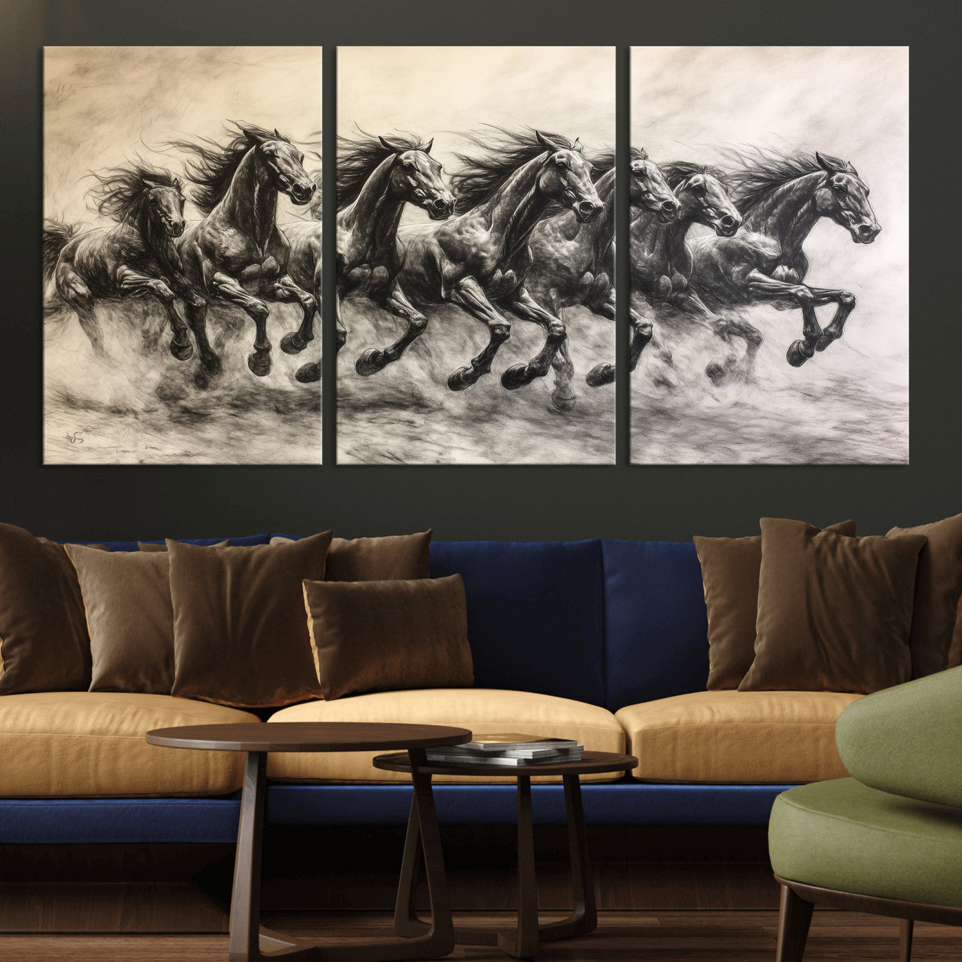 56089591-MGV-CV-36X24-Galloping Horses Wall Art Canvas Print, Framed Wild Stallions Art Picture Print, Horse Herd Sketch Perfect Monochrome Dynamic