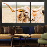 21060648-MGV-CV-36X24-Texas Longhorn Wall Art Canvas Print, Framed Speckled Cow Art Picture Print, Rustic Bull Perfect Rustic Western Decor Artwork