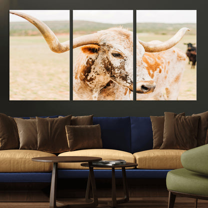 21060648-MGV-CV-36X24-Texas Longhorn Wall Art Canvas Print, Framed Speckled Cow Art Picture Print, Rustic Bull Perfect Rustic Western Decor Artwork
