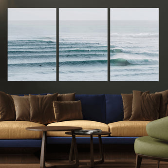 73969318-MGV-CV-36X24-Ocean Waves Wall Art Canvas Print, Framed Surfer Lineup Art Picture Print, Crowded Ocean Perfect Minimal Coastal Decor Artwork
